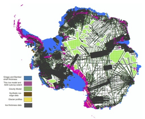 Bedmap2 data coverage - black lines are from ice-penetrating radar. Image from Fretwell et al. 2013