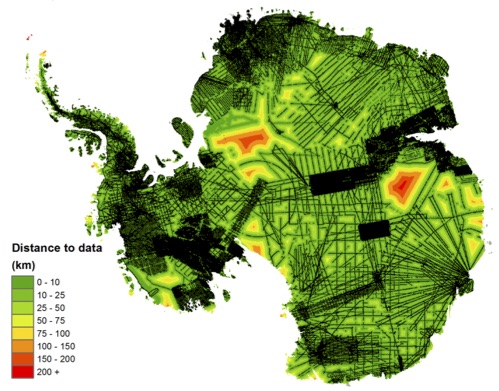 Bedmap2 data coverage - black lines are from ice-penetrating radar. Image from Fretwell et al. 2013