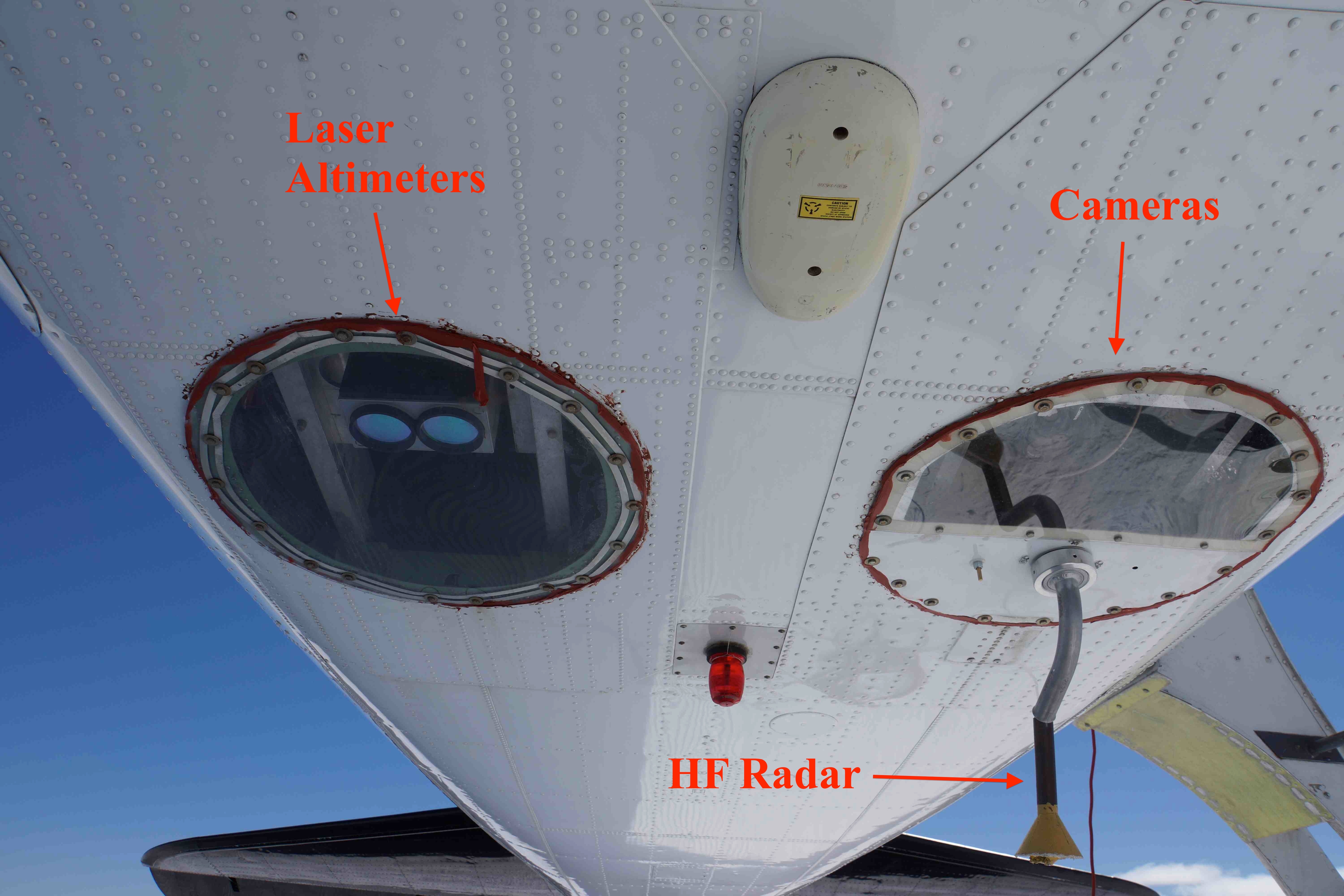 Image of bottom of airplane, with las and cam labeled. If can see it, also label where HF antenna comes out